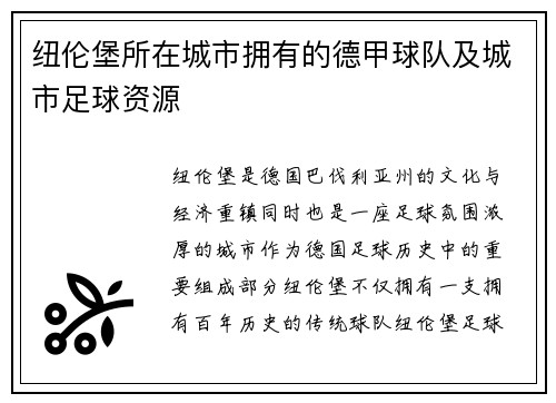 纽伦堡所在城市拥有的德甲球队及城市足球资源